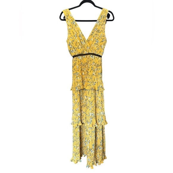 Lulus Such Sophistication Yellow Black Floral Tiered V Neck Maxi Gown Size XS - Picture 3 of 7